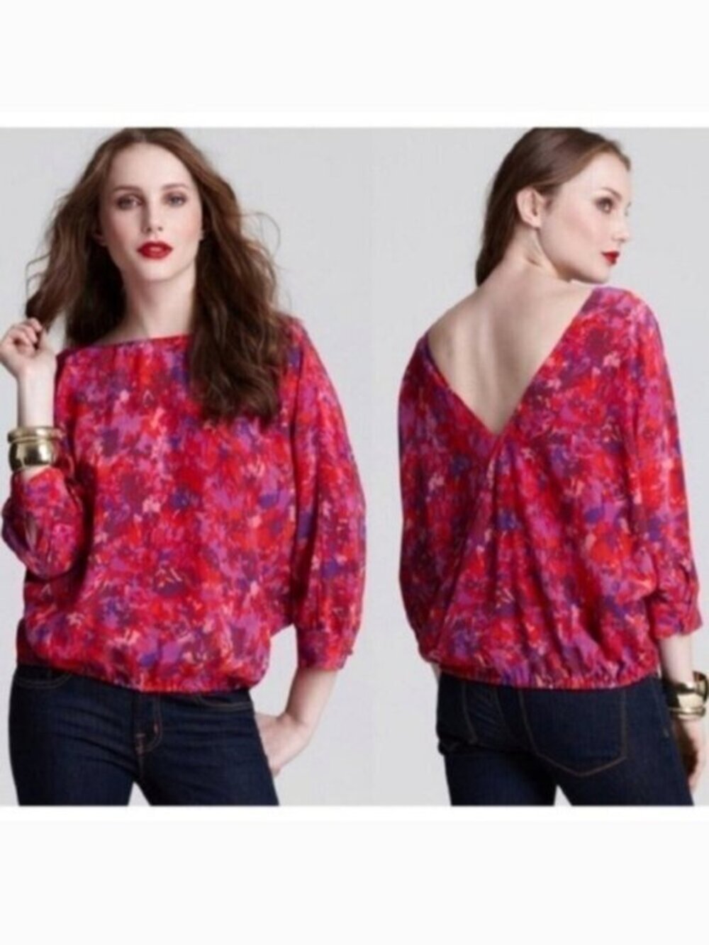 NWOT Joie Red & Purple Silk Splatter Pattern Low-Cut-Back Dolman Blouson Top- XS